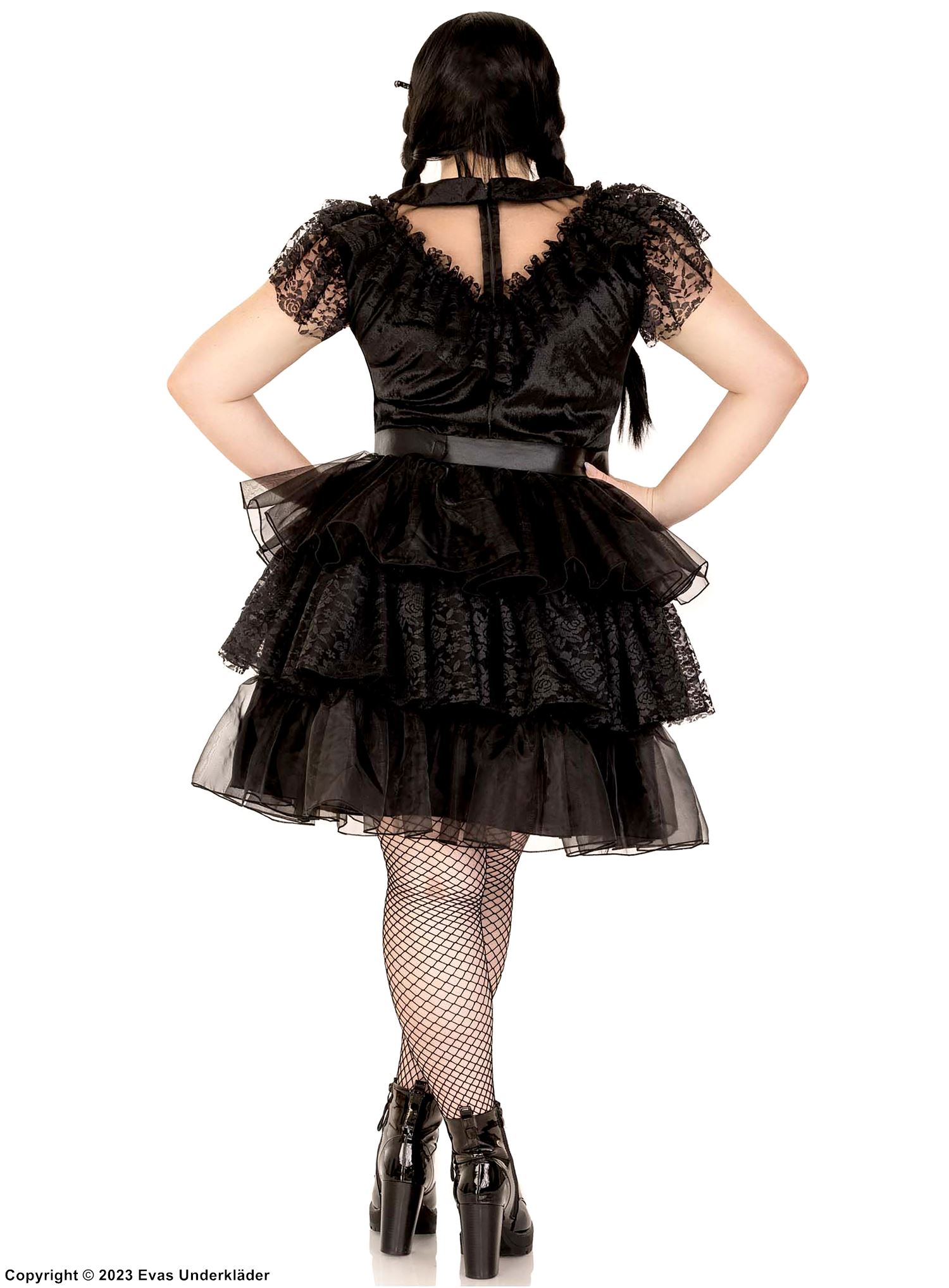 Wednesday from The Addams Family, costume dress, ruffles, roses, plus size